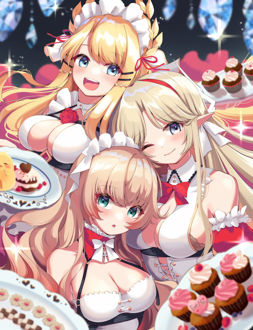 3girls aisu_(i_ce_pinon_pino) aqua_eyes azur_lane bare_shoulders bird blonde_hair blue_eyes blush bow bowtie breasts brest_(azur_lane) candy checkerboard_cookie cherry chick chocolate cleavage cookie cupcake dress food frilled_dress frilled_headwear frills fruit hair_ornament hairband hairclip heart heart-shaped_chocolate highres holding holding_plate howe_(azur_lane) large_breasts long_hair looking_at_viewer manjuu_(azur_lane) multiple_girls one_eye_closed open_mouth parted_bangs parted_lips plate pointy_ears red_bow red_bowtie red_hairband smile swept_bangs upper_body victorious_(azur_lane) white_bow white_bowtie white_dress