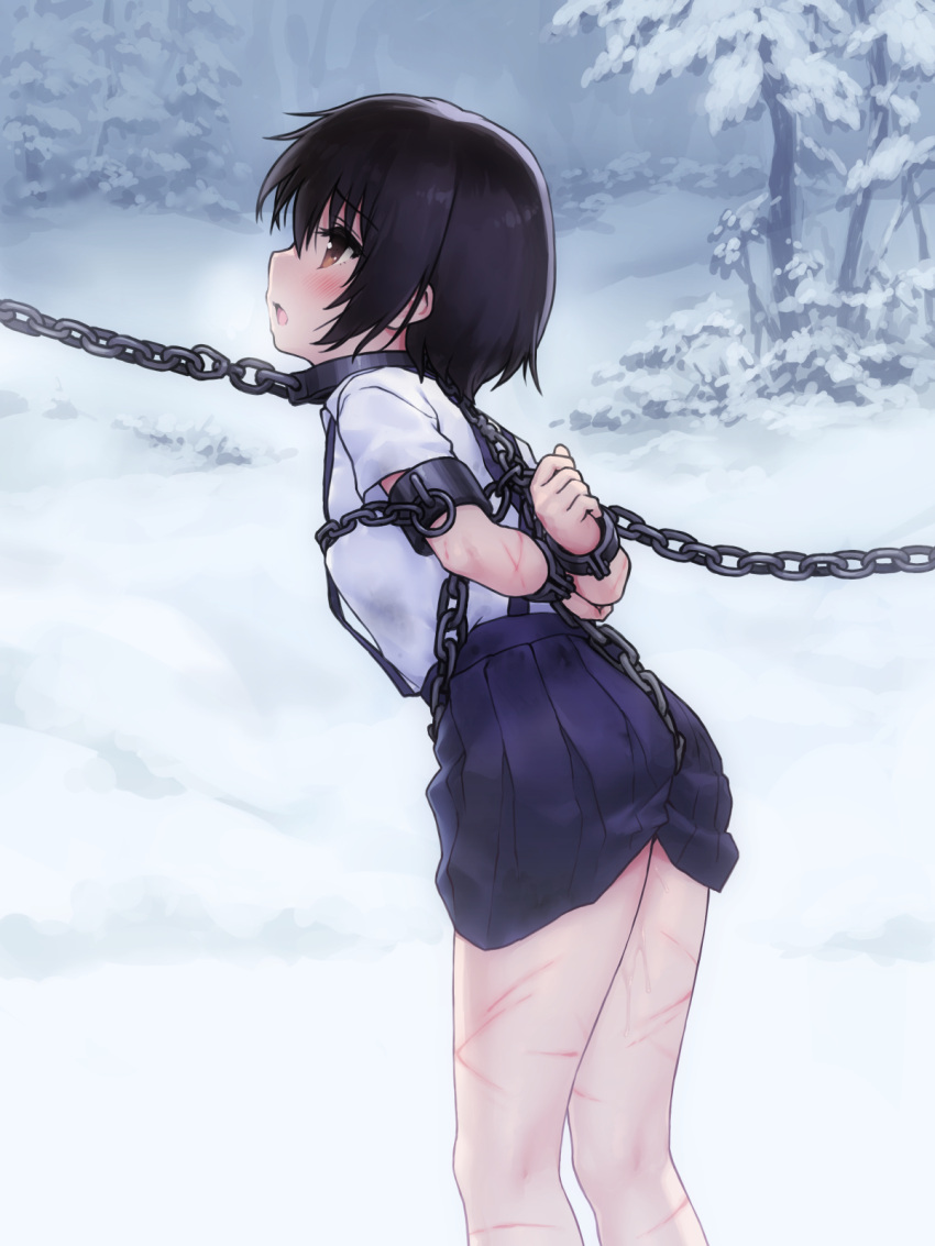 1girl arms_behind_back bdsm black_hair blue_skirt bondage bound collar cuffs funitarefu heavy_breathing highres injury leash looking_up open_mouth original outdoors pleated_skirt school_uniform shackles short_hair short_sleeves skirt snow thighs tree whip_marks winter