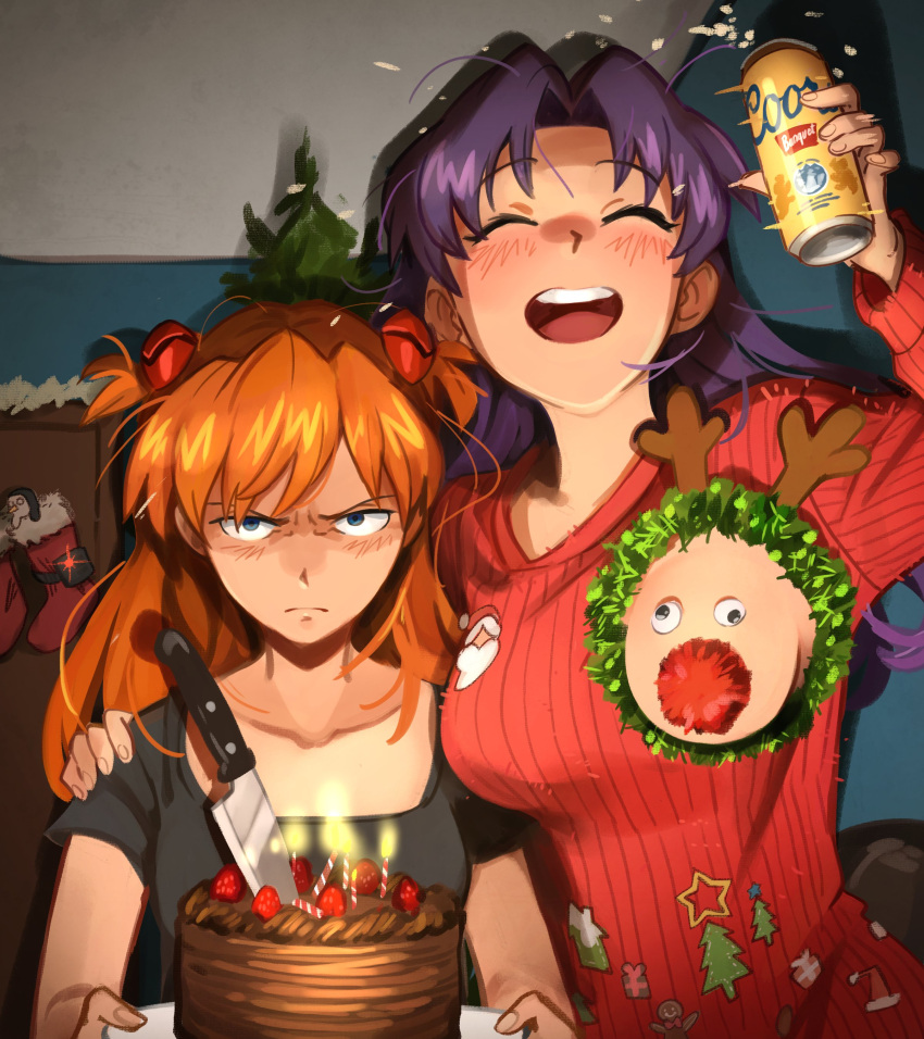 2girls absurdres angry black_shirt blue_eyes breasts cake can chocolate_cake closed_eyes english_commentary food highres holding holding_can katsuragi_misato khyle. knife long_hair multiple_girls neon_genesis_evangelion open_mouth orange_hair purple_hair red_sweater shirt smile souryuu_asuka_langley strawberry_cake sweater