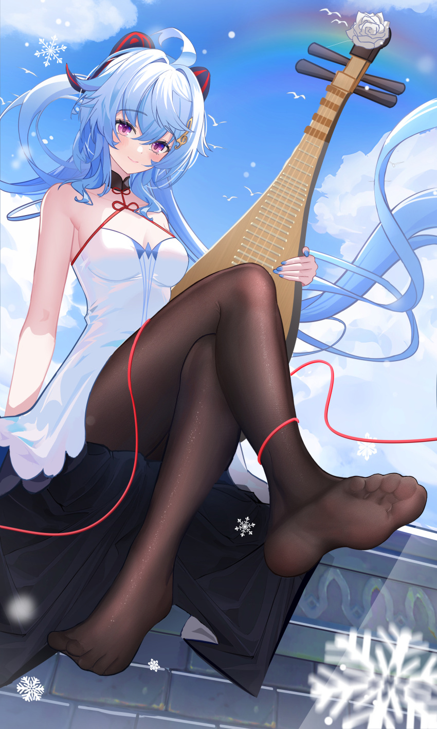 1girl absurdres ahoge bare_shoulders black_pantyhose blue_hair blue_nails blue_sky blush breasts cloud dress dress_flower feet ganyu_(genshin_concert)_(genshin_impact) ganyu_(genshin_impact) genshin_impact hair_ornament highres holding holding_instrument horns instrument legs light_smile lml long_hair looking_at_viewer medium_breasts no_shoes official_alternate_costume pantyhose pipa_(instrument) purple_eyes rainbow red_rope rope sideboob sidelocks sitting sky snowflakes soles solo tassel thighs toes vest white_dress white_vest
