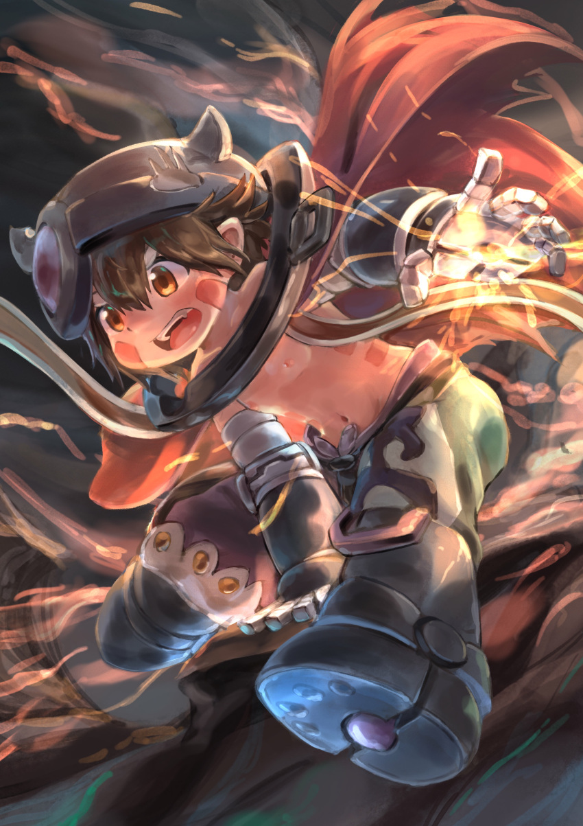 1boy absurdres angry aqualitas arm_cannon brown_hair cape commentary dark_skin facial_mark fire helmet highres made_in_abyss male_focus mechanical_arms navel nipples open_mouth red_cape regu_(made_in_abyss) science_fiction short_hair solo teeth upper_teeth_only weapon yellow_eyes