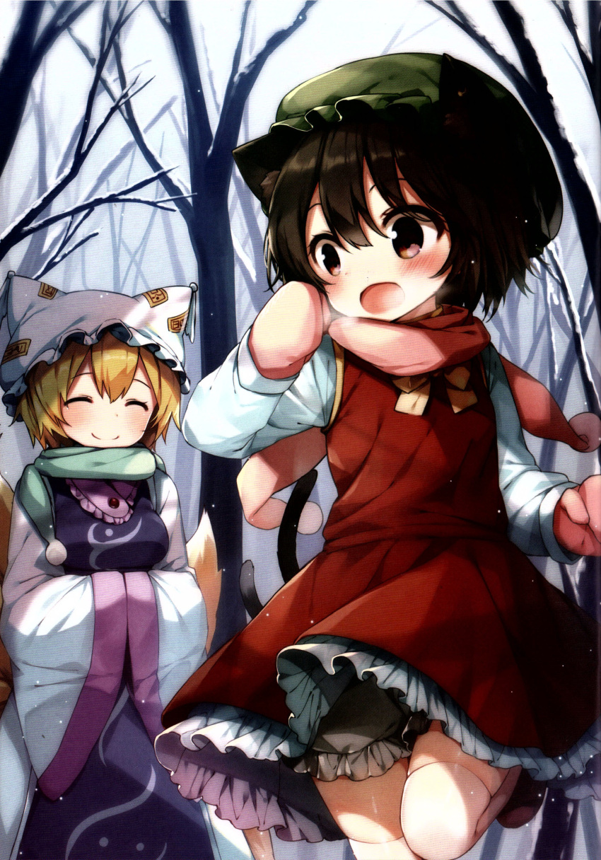 2girls absurdres animal_ear_fluff animal_ears blonde_hair bloomers blush bow bowtie branch breasts brown_eyes brown_footwear brown_hair buttons cat_ears cat_girl cat_tail chen closed_eyes closed_mouth day dress earrings forest fox_ears fox_girl fox_tail frills gloves green_headwear green_scarf hair_between_eyes hand_up hands_in_opposite_sleeves hat highres jewelry leg_up long_sleeves looking_at_another medium_breasts mob_cap multiple_girls multiple_tails nature ofuda ofuda_on_clothes open_mouth outdoors pink_gloves pink_scarf pom_pom_(clothes) purple_tabard red_dress running scarf shirt shnva shoes short_hair single_earring sky smile snow snowing standing tabard tail thighhighs tongue touhou tree two_tails white_dress white_headwear white_shirt white_sky white_thighhighs wide_sleeves winter yakumo_ran yellow_bow yellow_bowtie