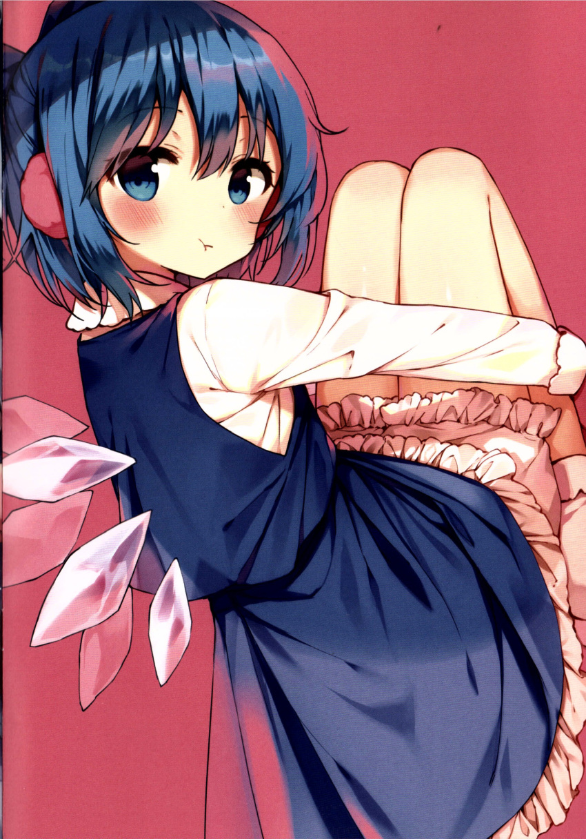 1girl absurdres back bloomers blue_bow blue_eyes blue_hair blue_skirt blue_vest blush bow cirno closed_mouth earmuffs fairy flying frills from_behind hair_between_eyes hair_bow highres ice ice_wings looking_at_viewer looking_back no_shoes pink_background shirt shnva short_hair simple_background skirt skirt_set socks solo touhou vest white_shirt white_socks wings