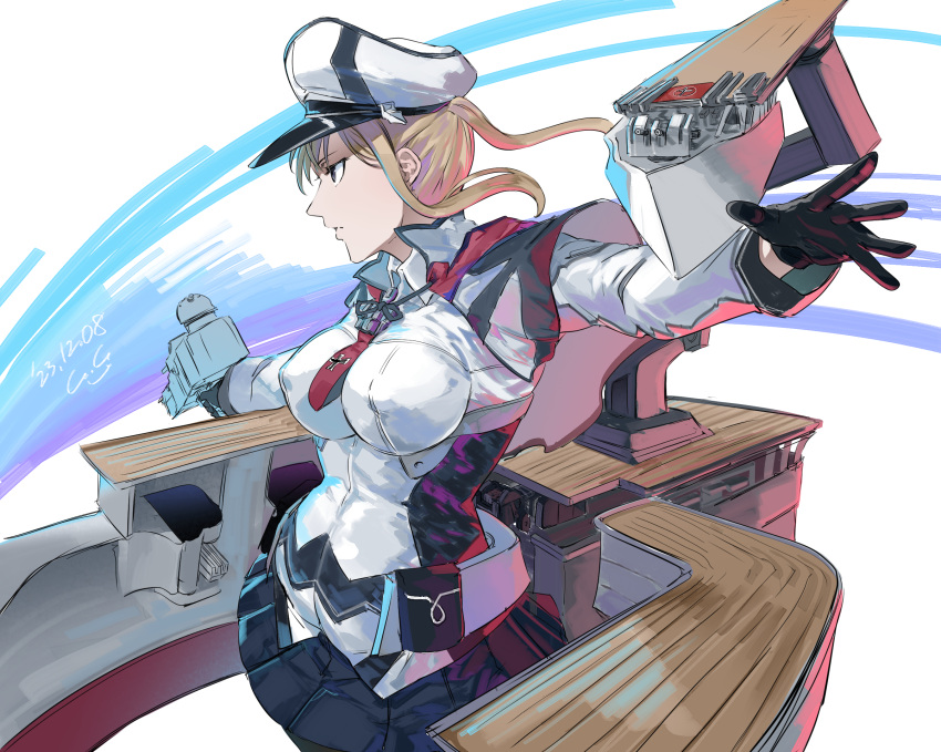 1girl anchor black_gloves blonde_hair blue_eyes blush breasts capelet celtic_knot cowboy_shot cross flight_deck gegeron gloves graf_zeppelin_(kancolle) hair_between_eyes hat highres holding holding_turret iron_cross kantai_collection large_breasts long_hair machinery military military_hat military_uniform necktie pantyhose peaked_cap rigging sidelocks signature skirt solo turret twintails uniform white_background