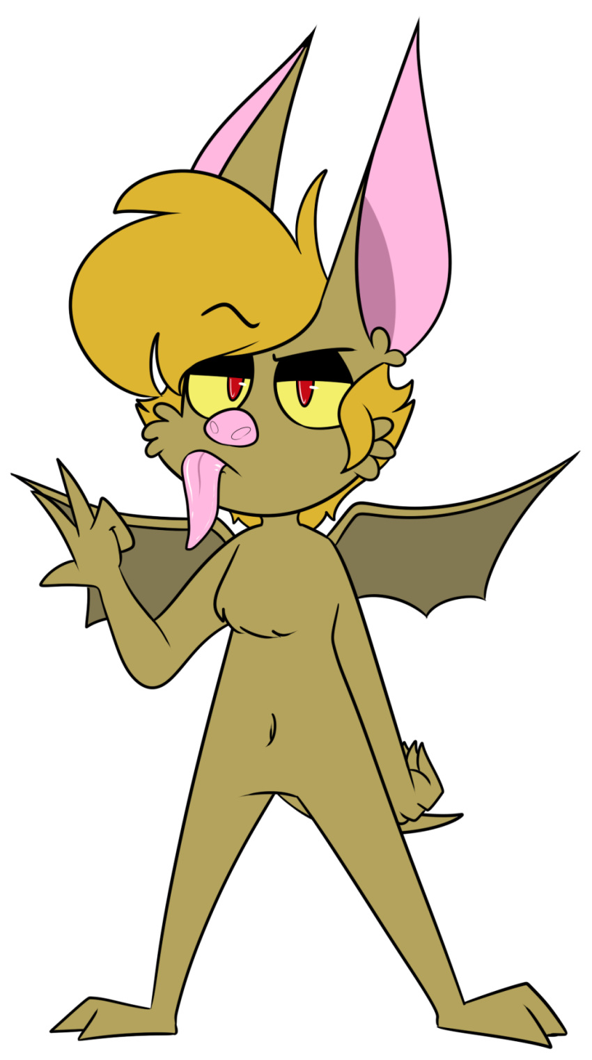 2016 2_toes alpha_channel anthro bat bat_ears biped black_eyebrows black_eyeshadow blonde_hair breast_tuft breasts brown_body brown_ears brown_fur brown_membrane brown_tail brown_tuft brown_wings chokovit_(artist) colored digital_drawing_(artwork) digital_media_(artwork) eyebrow_through_hair eyebrows eyeshadow featureless_breasts featureless_crotch feet female female_anthro fingers front_view full-length_portrait fur gesture glistening glistening_eyes glistening_tongue hair half-closed_eyes hi_res leaf-nosed_bat long_tongue looking_at_viewer madeline_bloodworth makeup mammal membrane_(anatomy) microbat narrowed_eyes naturally_censored navel no_pupils nude nude_anthro nude_female pink_inner_ears pink_nose pink_tongue portrait raised_eyebrow red_eyes simple_background solo spread_wings standing tail toes tongue translucent translucent_hair transparent_background v_sign vampire_bat wide_stance wings yangochiropteran yellow_sclera