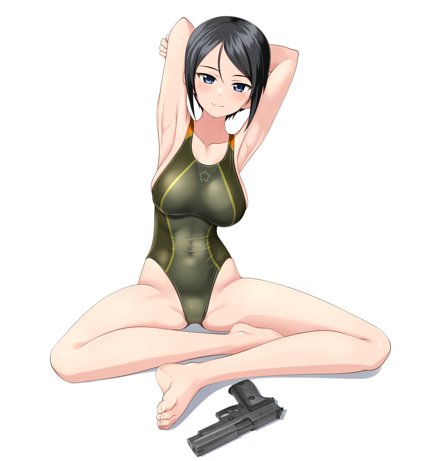 1girl absurdres armpits arms_behind_head barefoot black_eyes black_hair breasts chouno_ami commentary_request competition_swimsuit feet girls_und_panzer green_one-piece_swimsuit gun handgun highres indian_style looking_at_viewer medium_breasts multicolored_clothes multicolored_swimsuit one-piece_swimsuit presenting_armpit short_hair sig_p220/p226 sig_sauer simple_background sitting solo swept_bangs swimsuit takafumi toes turtleneck variant_set weapon white_background