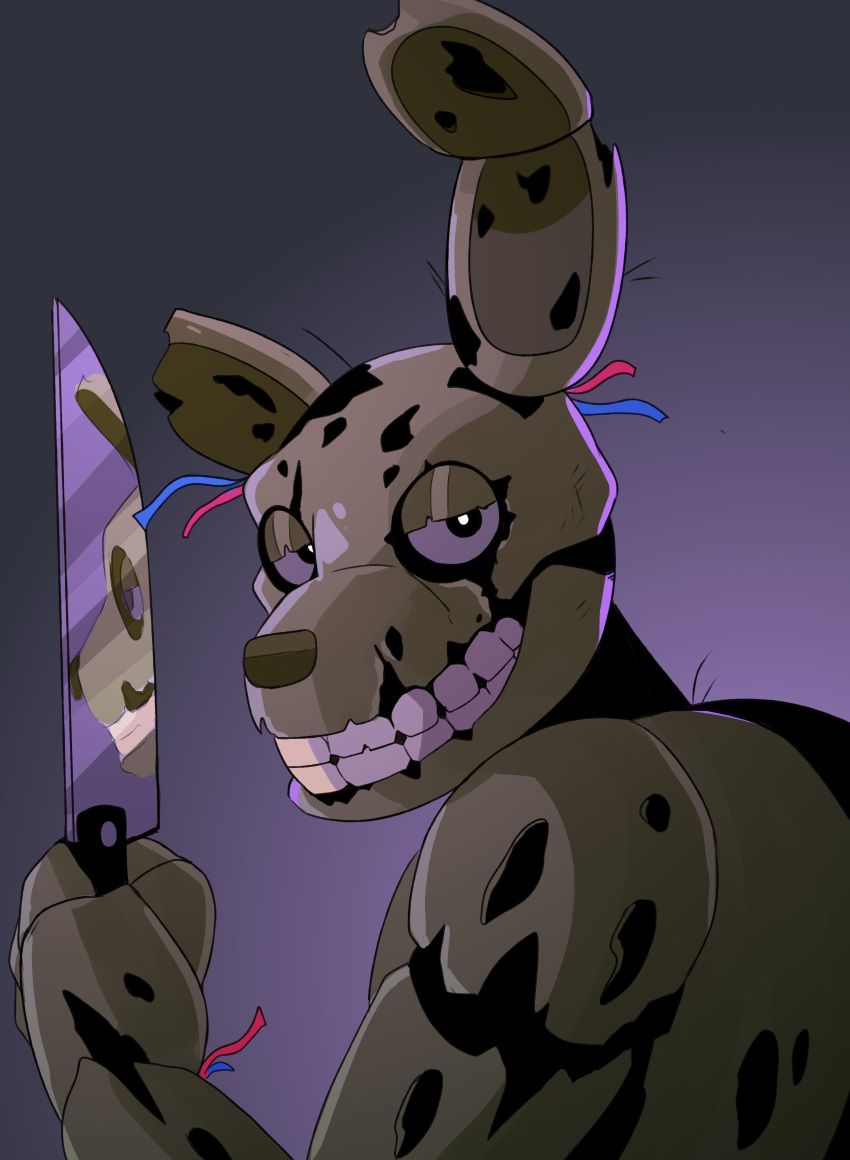 absurd_res ambiguous_gender animatronic anthro five_nights_at_freddy's five_nights_at_freddy's_3 gradient_background grin hi_res holding_knife holding_object imperatorcaesar knife looking_at_viewer machine narrowed_eyes notched_ear robot scottgames simple_background smile solo springtrap_(fnaf) tan_body wire