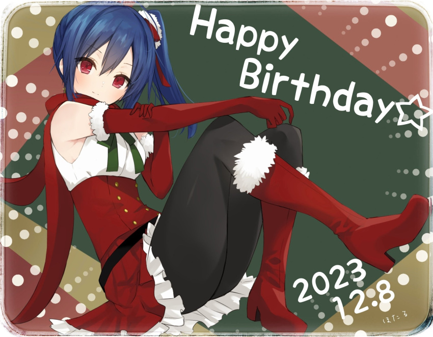 1girl arm_on_knee artist_name assault_lily bare_shoulders belt black_belt black_pantyhose blue_hair boots border breasts buttons closed_mouth commentary dated elbow_gloves frilled_skirt frills from_side full_body fur-trimmed_boots fur-trimmed_gloves fur_trim gloves green_background green_ribbon hair_between_eyes hair_ornament hair_ribbon hand_on_own_arm hands_up happy_birthday high_heel_boots high_heels high_ponytail highres hotaru_(ultraroly_poly) ishikawa_aoi knee_boots knee_up leg_up light_blush light_smile long_hair looking_at_viewer looking_to_the_side medium_breasts miniskirt multicolored_background neck_ribbon outstretched_arm pantyhose pom_pom_(clothes) pom_pom_hair_ornament red_background red_eyes red_footwear red_gloves red_ribbon red_scarf red_skirt ribbon rounded_corners santa_costume scarf shirt sitting skirt sleeveless sleeveless_shirt solo star_(symbol) underbust white_border white_shirt yellow_background