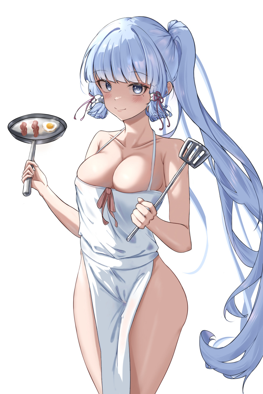 1girl absurdres apron bacon blue_eyes blue_hair blunt_bangs breasts cleavage commentary cowboy_shot egg food frying_pan genshin_impact highres holding holding_frying_pan holding_spatula hong_(vsak3373) kamisato_ayaka long_hair looking_at_viewer medium_breasts naked_apron ponytail smile solo spatula standing thighs very_long_hair white_apron