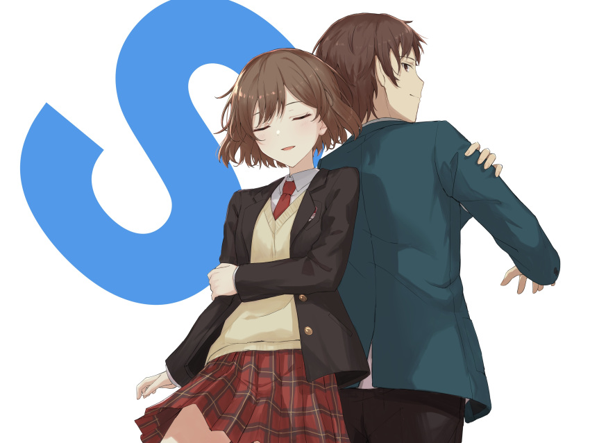 1boy 1girl absurdres back-to-back blazer breast_pocket brown_eyes brown_hair brown_jacket brown_pants closed_eyes collared_shirt commentary_request green_jacket highres jacket kita_high_school_uniform kyon long_sleeves necktie open_clothes open_jacket pants pleated_skirt pocket red_necktie red_skirt sakasakasa332 sasaki_(suzumiya_haruhi) school_uniform shirt short_hair simple_background skirt standing suzumiya_haruhi_no_yuuutsu white_background white_shirt winter_uniform