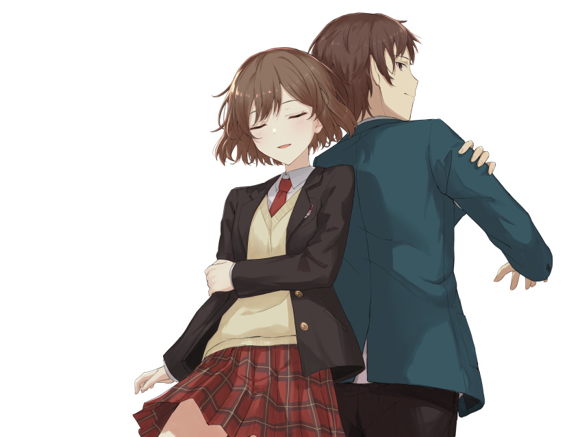 1boy 1girl absurdres back-to-back blazer breast_pocket brown_eyes brown_hair brown_jacket brown_pants closed_eyes collared_shirt commentary_request green_jacket highres jacket kita_high_school_uniform kyon long_sleeves necktie open_clothes open_jacket pants pleated_skirt pocket red_necktie red_skirt sakasakasa332 sasaki_(suzumiya_haruhi) school_uniform shirt short_hair simple_background skirt standing suzumiya_haruhi_no_yuuutsu white_background white_shirt winter_uniform