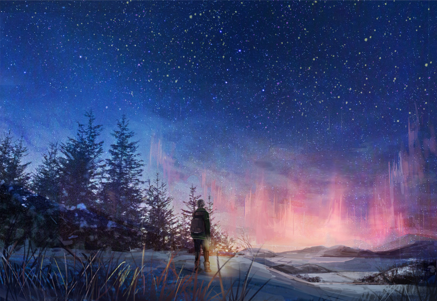 1boy aurora backpack bag black_pants blonde_hair dawn green_jacket highres jacket original outdoors pants scenery short_hair sky snow solo standing star_(sky) starry_sky tree winter yamaneko8686