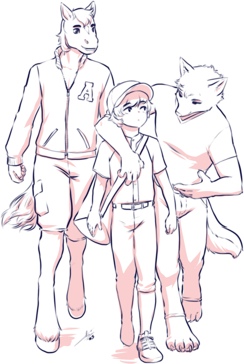 absurd_res age_difference anthro aogami arm_over_shoulder baseball_cap baseball_uniform canid canine canis clothing equid equine frat_boy group hat headgear headwear hi_res horse human humanoid male male/male mammal older_anthro sportswear trio uniform wolf young
