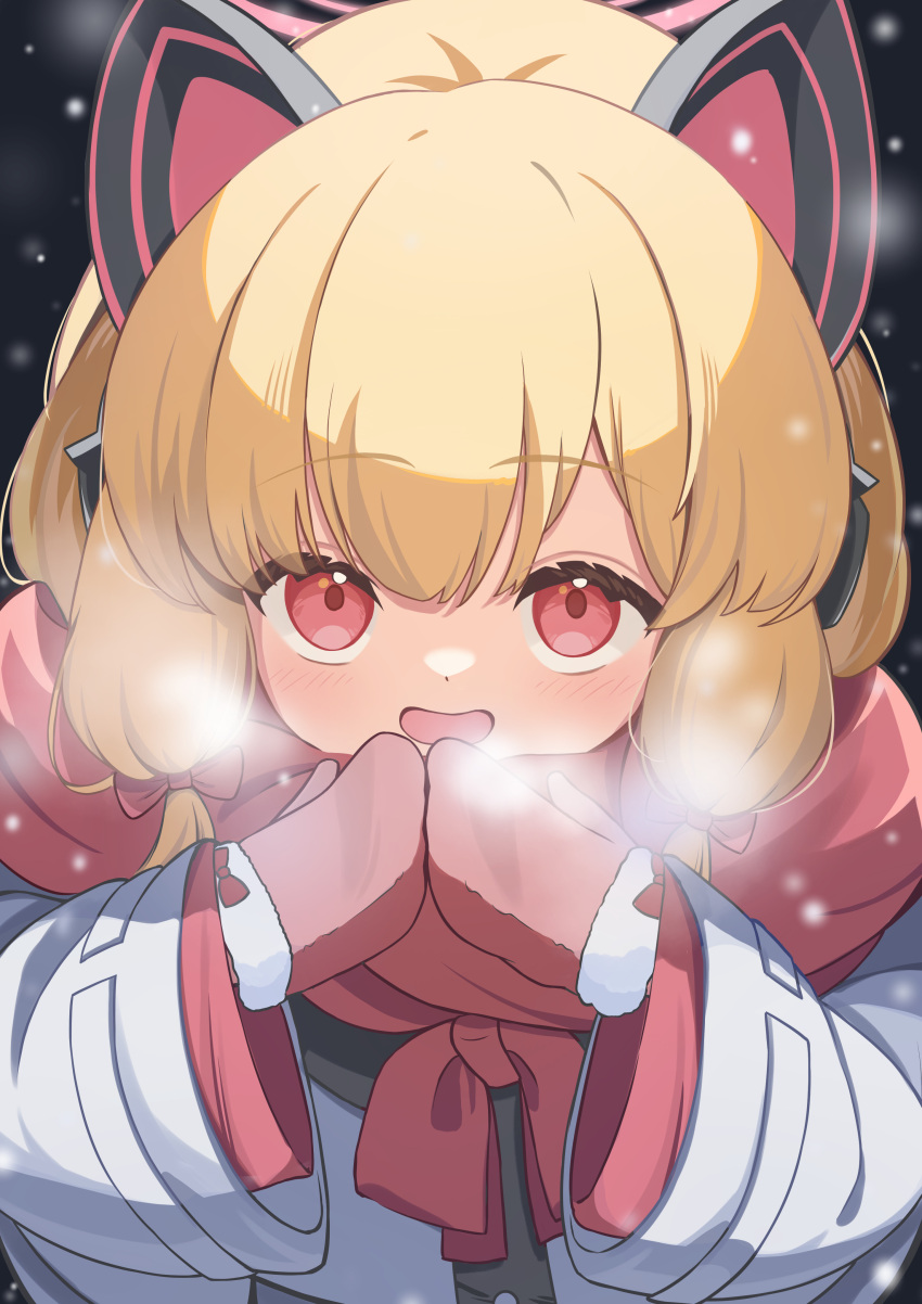 1girl absurdres animal_ear_headphones animal_ears blonde_hair blue_archive blush bow breath capo7585 cat_ear_headphones coat fake_animal_ears fur-trimmed_mittens fur_trim hair_bow halo hands_up headphones highres looking_at_viewer low-tied_sidelocks mittens momoi_(blue_archive) night open_mouth parka pink_eyes pink_halo pink_mittens red_bow red_scarf scarf short_hair smile snowflakes snowing solo white_coat winter