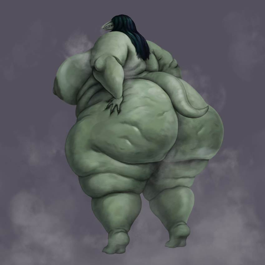 1:1 2023 2d_(artwork) absurd_res anthro areola back_fat big_breasts big_butt bodily_fluids breasts butt butt_focus cellulite digital_media_(artwork) digital_painting_(artwork) fangs fat_arms fat_legs female green_areola green_body green_hair green_nipples hair hand_on_butt hi_res huge_breasts huge_butt huge_thighs musk musk_clouds nipples non-mammal_breasts nude obese overweight overweight_female rear_view reptile scalie scp-682 scp_foundation shaded sharp_teeth simple_background solo sweat tail teeth thick_thighs vixencurie wide_hips