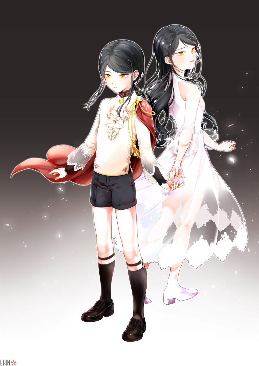 1boy 1girl aged_down aiguillette alternate_costume ascot bare_shoulders black_background black_hair black_pants black_shorts black_socks breasts brother_and_sister cape child choker danganronpa_(series) danganronpa_v3:_killing_harmony dress floral_print frilled_shirt frills full_body gradient_background highres holding_hands lace lace_choker lace_trim legwear_garter lipstick loafers long_dress long_hair long_sleeves looking_at_viewer looking_to_the_side low_ponytail makeup pants parted_bangs qqubbell raised_eyebrows red_cape red_lips see-through see-through_dress shinguji_korekiyo shinguji_korekiyo's_sister shirt shoes shorts siblings sidelocks signature simple_background small_breasts smile socks standing wavy_hair white_footwear yellow_eyes
