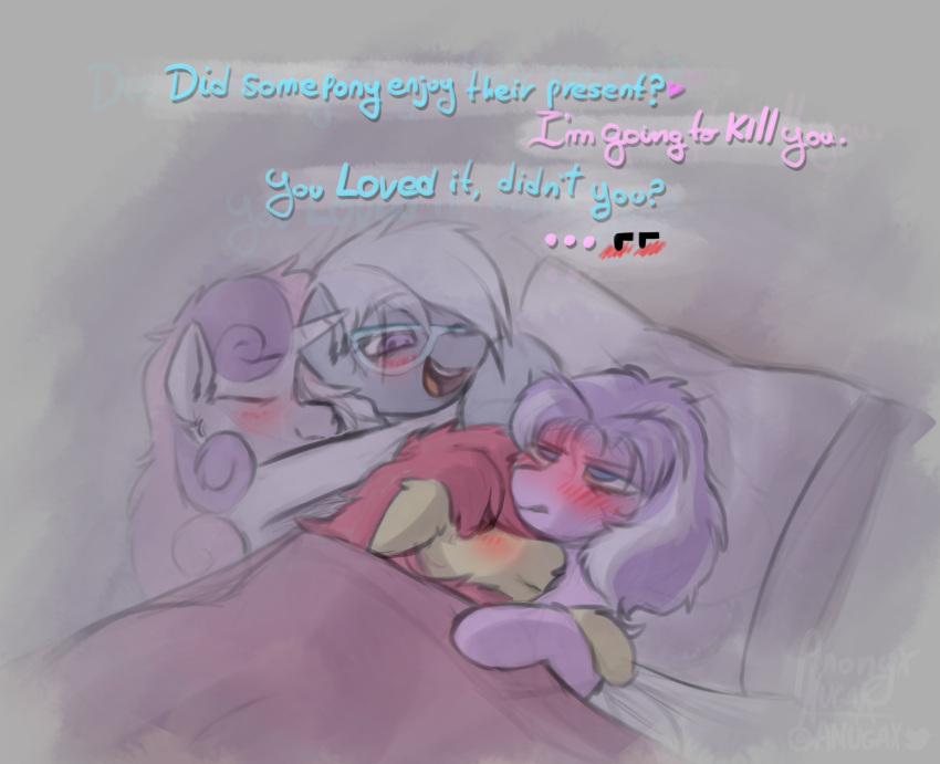 after_sex aged_up anonyxnugax apple_bloom_(mlp) bed blush cuddling dialogue diamond_tiara_(mlp) duo earth_pony english_text equid equine female female/female feral friendship_is_magic furniture hair hasbro hi_res horn horse mammal messy_hair my_little_pony pony silver_spoon_(mlp) sketchy sweetie_belle_(mlp) teasing text unicorn