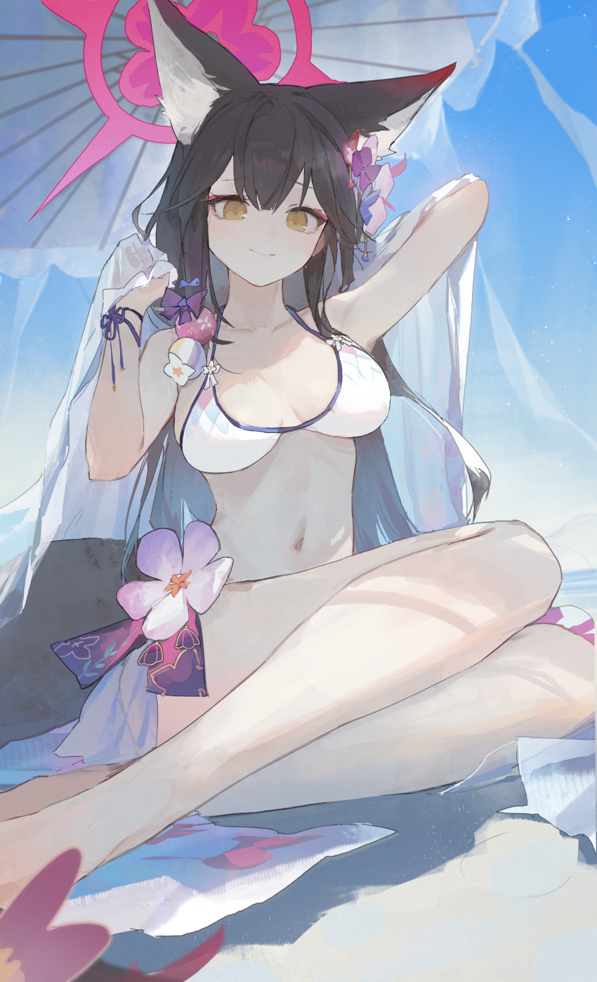 1girl absurdres animal_ear_fluff animal_ears arm_up bare_legs beach_umbrella blue_archive blush breasts breasts_apart brown_hair collarbone extra_ears eyeshadow fox_ears halo highres large_breasts long_hair looking_at_viewer makeup navel outdoors red_eyeshadow sitting smile solo stomach umbrella very_long_hair wakamo_(blue_archive) wakamo_(swimsuit)_(blue_archive) zombie_ke