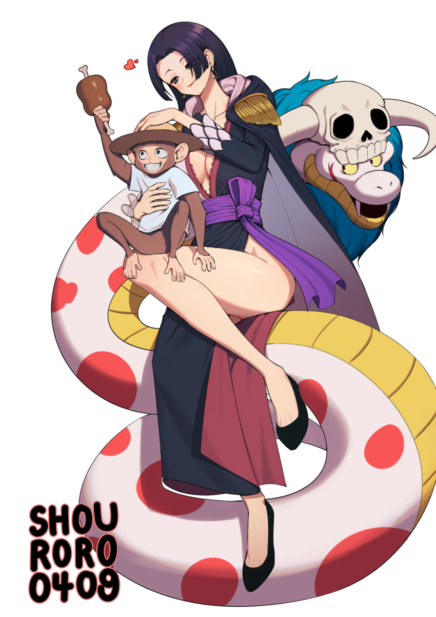 1girl animal artist_name bare_legs black_hair blue_eyes blush boa_hancock breasts commentary dress earrings fangs food full_body hat heart highres jewelry large_breasts long_hair mask meat monkey one_piece one_piece:_stampede red_lips salome_(one_piece) sash shouroro sitting skull skull_mask smile snake straw_hat thighs two-tone_dress white_background