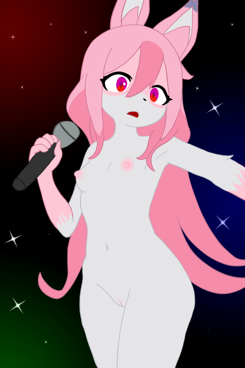 absurd_res anthro brand_new_animal breasts canid canine electronics female fox fur genitals hair hi_res hikaridraws holding_microphone holding_object innie_pussy mammal microphone navel nazuna_hiwatashi nude open_mouth pink_body pink_fur pink_hair pussy red_eyes singing small_breasts solo standing studio_trigger surprised_expression white_body white_fur