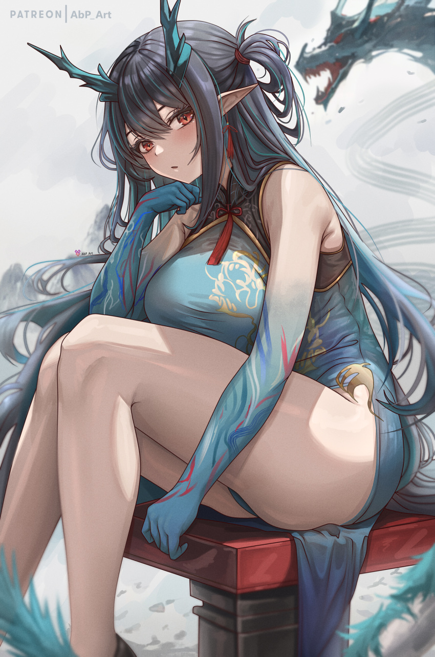 1girl abpart arknights bare_shoulders black_hair blue_dress blue_skin blush breasts china_dress chinese_clothes colored_skin commentary dragon dragon_girl dragon_horns dress dusk_(arknights) dusk_(everything_is_a_miracle)_(arknights) english_commentary feet_out_of_frame green_hair highres horns large_breasts long_hair looking_at_viewer multicolored_hair official_alternate_costume parted_lips patreon_username pointy_ears red_eyes sitting solo streaked_hair thighs