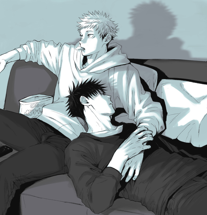 2boys absurdres blue_theme controller couch couple feet_out_of_frame food food_in_mouth fushiguro_megumi hand_on_another's_arm hand_on_another's_chest highres hood hoodie jujutsu_kaisen lap_pillow long_sleeves looking_ahead lying male_focus marukome0816 monochrome multiple_boys on_back on_couch open_mouth pants remote_control ryoumen_sukuna_(jujutsu_kaisen) shadow shirt short_hair sitting sleeping spiked_hair yaoi