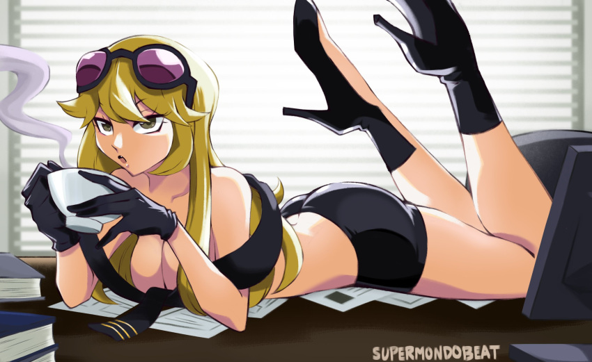 1girl artist_name black_shorts blonde_hair book breasts brown_eyes cup digimon digimon_story:_cyber_sleuth eyewear_on_head high_heels highres kuremi_kyouko large_breasts long_hair office paper scarf shorts solo sunglasses supermondobeat table tagme topless