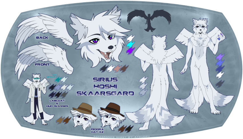 absurd_res anthro astuoru blue_eyes canid canine canis clothing coat eyewear fluffy fluffy_tail fur glasses grey_body grey_fur hat headgear headwear hi_res hud hybrid inner_ear_fluff lab_coat male mammal model_sheet multi_tail multicolored_eyes multicolored_pawpads pawpads purple_eyes sirius_hoshi_skaarsgard spread_wings tail topwear tuft white_body white_fur wings wolf