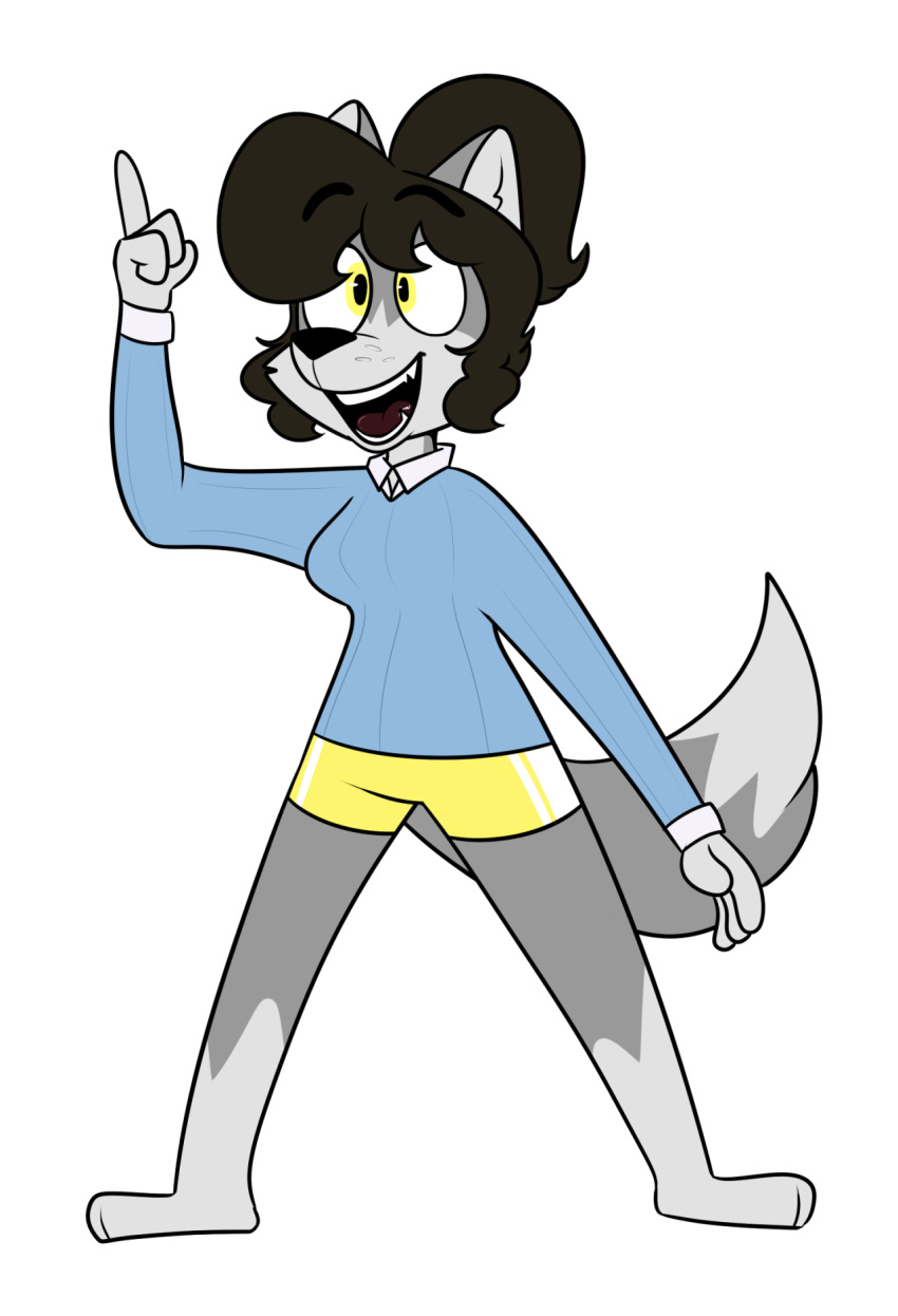 2016 4_fingers alpha_channel anthro barefoot biped black_eyebrows black_mouth black_nose black_pupils blue_clothing blue_sweater blue_topwear bottomwear breasts brown_hair brown_tongue canid canine canis cheek_tuft chokovit_(artist) clothed clothed_anthro clothed_female clothing colored countershade_face countershade_neck countershading digital_drawing_(artwork) digital_media_(artwork) dipstick_tail eyebrow_through_hair eyebrows facial_tuft feet female female_anthro fingers fluffy fluffy_tail freckles fur gloves_(marking) gym_bottomwear gym_clothing gym_shorts hair hi_res leg_markings long_tail mammal marion_wells markings open_mouth open_smile ponytail pupils raised_finger shorts simple_background smile socks_(marking) solo standing sweater tail tail_markings teeth toes tongue topwear translucent translucent_hair transparent_background tuft white_body white_countershading white_inner_ear white_markings white_tuft wide_stance wolf wolf_tail yellow_bottomwear yellow_clothing yellow_eyes yellow_gym_shorts yellow_shorts