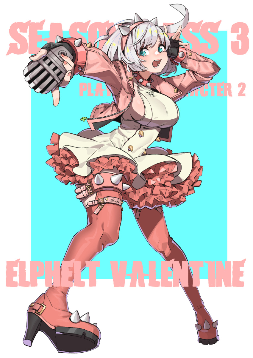 1girl absurdres ahoge blue_eyes boots breasts elphelt_valentine full_body gloves guilty_gear hairband high_heel_boots high_heels highres holding holding_microphone huge_ahoge jacket large_breasts long_sleeves looking_at_viewer makai microphone music open_mouth shoes short_hair sideboob singing skirt smile solo spiked_hairband spikes white_hair