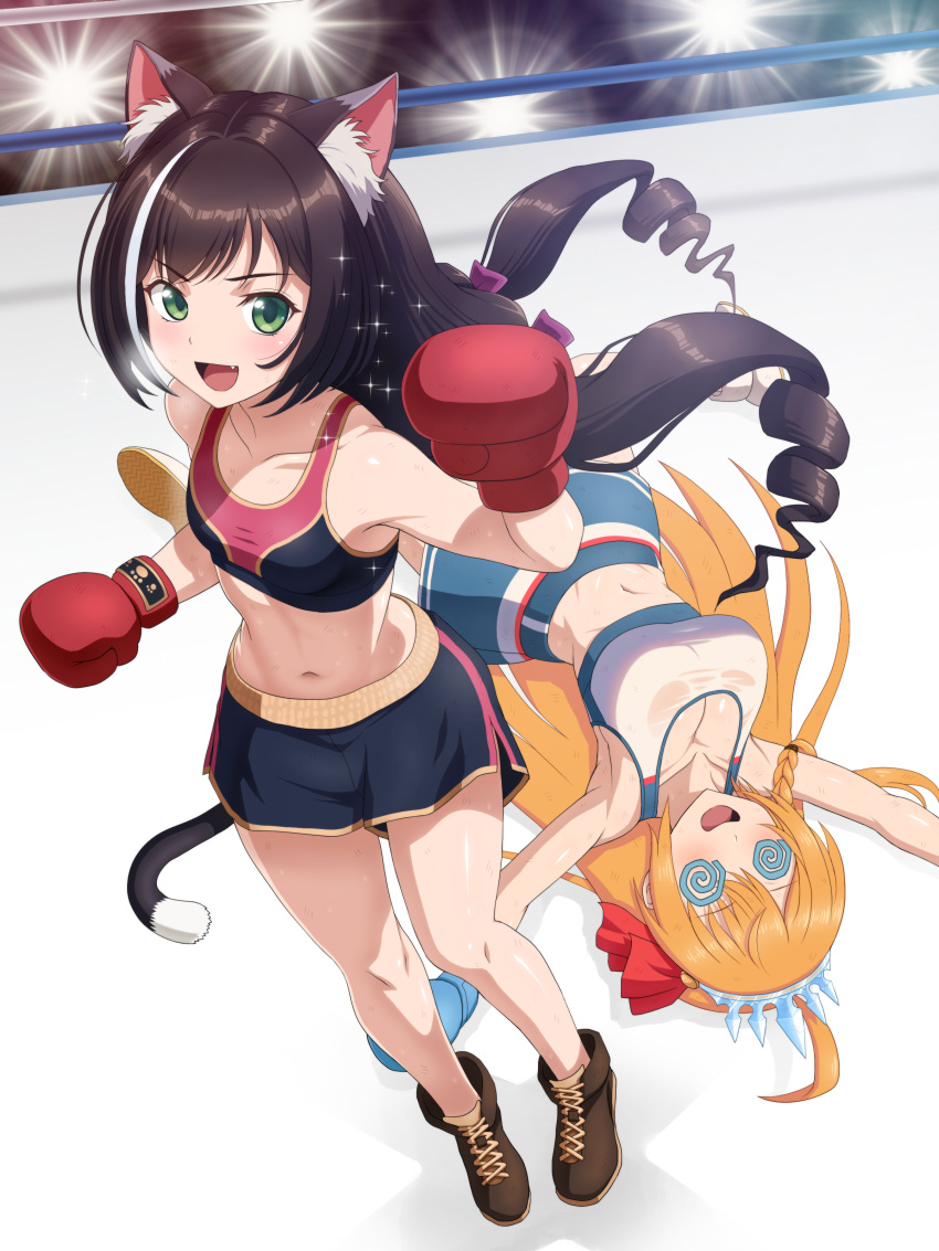 2girls :d @_@ absurdres animal_ear_fluff animal_ears bare_arms black_bra black_hair black_shorts blonde_hair blue_skirt boxing bra breasts brown_footwear cat_ears cat_girl cat_tail cleavage collarbone commission dolphin_shorts drill_hair fang floating_hair full_body green_eyes hair_intakes highres karyl_(princess_connect!) large_breasts long_hair lying midriff miniskirt mucoro multicolored_hair multiple_girls navel on_back open_mouth pecorine_(princess_connect!) princess_connect! short_shorts shorts skeb_commission skirt small_breasts smile sports_bra sportswear spotlight stomach streaked_hair tail underwear very_long_hair