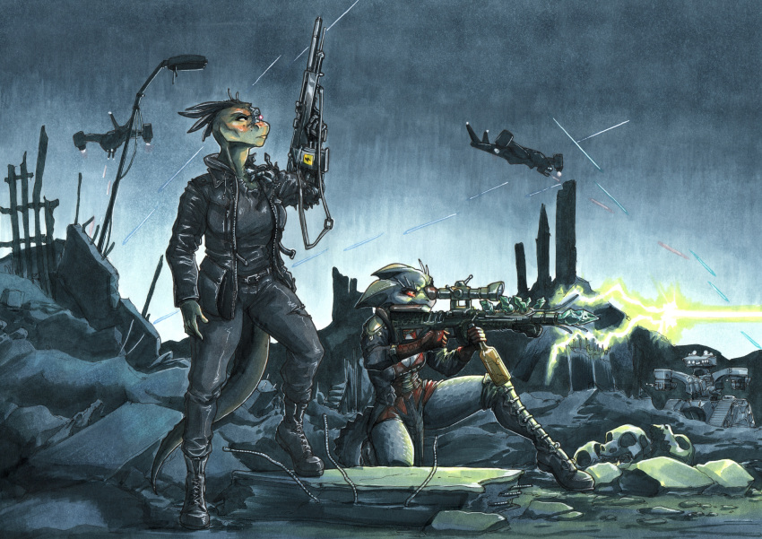 2023 absurd_res aircraft anthro argonian assault_rifle bethesda_softworks biped black_bottomwear black_clothing black_jacket black_pants black_shirt black_topwear bone bottomwear clothing crossover cybernetics cyborg destroyed_building detailed_background duo ewgengster_(artist) feather_hair feathers female gun hi_res jacket machine outside pants pseudo_hair ranged_weapon red_sclera rifle scales scalie sha_(ewgengster) shirt skull t-800_series_(terminator) terminator_(franchise) terminators_(terminator) the_elder_scrolls topwear traditional_media_(artwork) weapon yellow_body yellow_scales