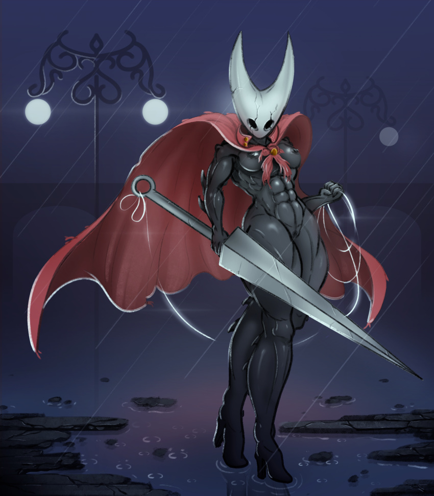 abs animal_humanoid arachnid arachnid_humanoid arthropod arthropod_humanoid athletic breasts cape cloak clothed clothing cracks crow-thing dark_body dark_nipples erect_nipples exoskeleton exposed exposed_breasts female footwear genitals glistening glistening_body hi_res high_heels hollow_eyes hollow_knight horn hornet_(hollow_knight) humanoid looking_at_viewer mask melee_weapon muscular muscular_female muscular_thighs nipples partially_clothed pose pussy raining solo spikes sword team_cherry torn_clothing weapon