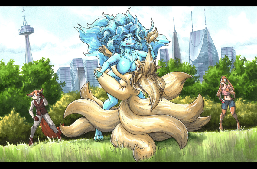 4_toes 5_fingers 9_tails absurd_res alolan_form alolan_ninetales anthro areola biped bite blonde_hair blue_body blue_eyes blue_fur blue_hair breast_bite breast_play breasts building canid canine chest_tuft ewgengster_(artist) feet female fight fingers fox fur generation_1_pokemon grass group hair hi_res lagomorph leporid male mammal multi_tail ninetales nintendo nipples nude orange_body orange_fur outside plant pokeball pokemon pokemon_(species) pokemon_trainer rabbit red_eyes regional_form_(pokemon) sky skyscraper tail toes traditional_media_(artwork) tree tuft yellow_body yellow_fur