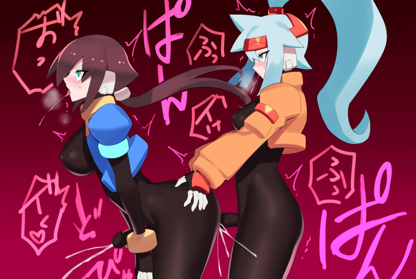 2girls aile_(mega_man_zx) ashe_(mega_man) bad_id bad_twitter_id blue_hair blush bodysuit breasts brown_hair cum cum_in_pussy drooling ejaculating_while_penetrated ejaculation from_side futa_with_futa futanari green_eyes highres large_breasts medium_breasts mega_man_(series) mega_man_zx mega_man_zx_advent multiple_girls no_testicles orgasm penetration_through_clothes ponytail saliva sex sex_from_behind sideboob standing standing_sex tongue tongue_out ukimukai