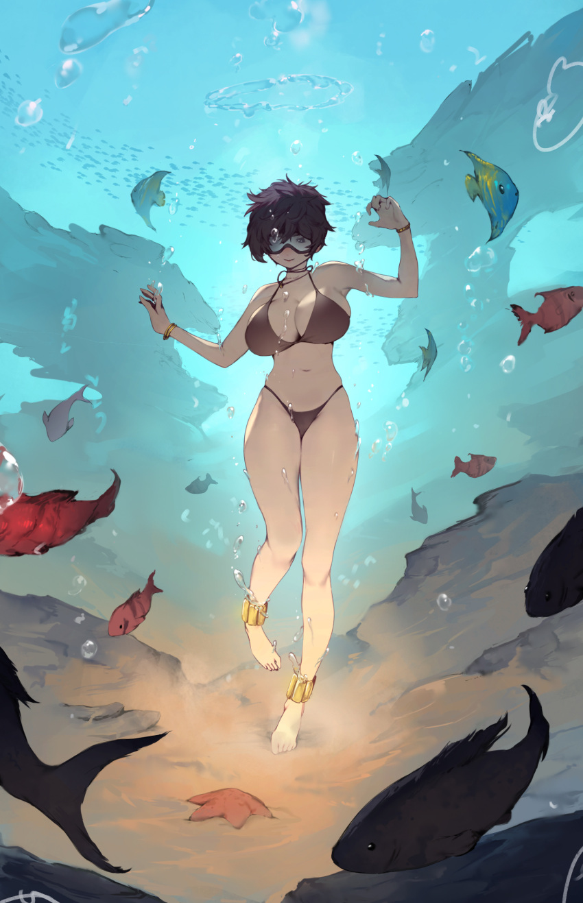 1girl absurdres animal barefoot bikini bracelet breasts brown_bikini brown_hair bubble closed_mouth commentary fish full_body goggles highres jewelry large_breasts legs navel original rou_(rou22) short_hair smile solo standing standing_on_one_leg swimsuit thighs underwater