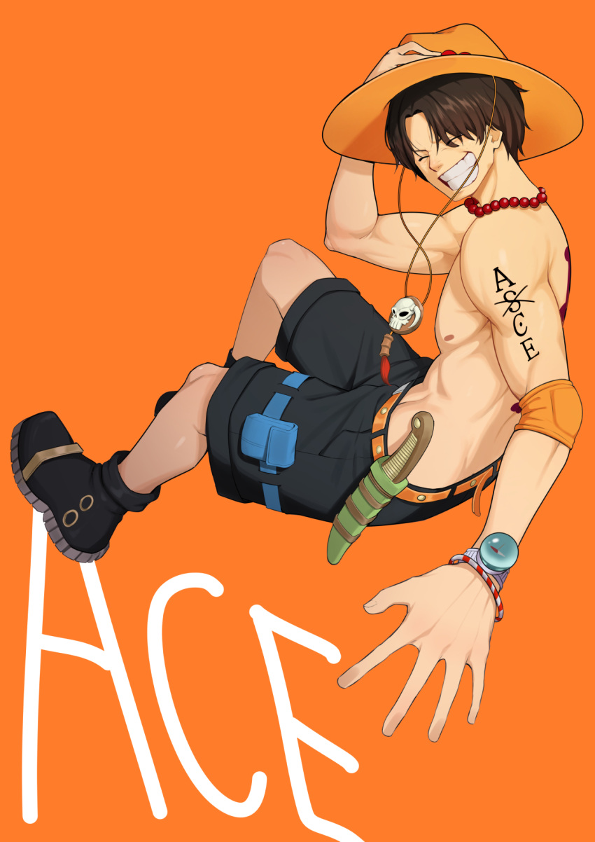 1boy arm_tattoo back_tattoo bangle bracelet character_name closed_eyes commentary facing_viewer full_body grin hand_on_headwear hat highres jewelry knife log_pose male_focus necklace nipples one_piece orange_background portgas_d._ace sheath sheathed shouroro sitting smile solo tattoo teeth topless_male