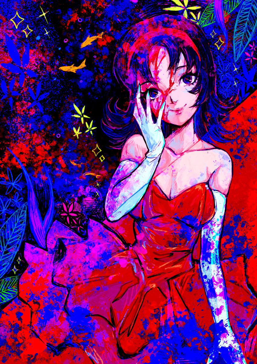 1girl abstract_background absurdres black_hair blood blood_on_face breasts cleavage collarbone dress elbow_gloves flower gloves hairband hand_on_own_face highres kirigoe_mima looking_at_viewer medium_hair otonoha_aika perfect_blue red_dress red_hairband short_hair simple_fish smile solo sparkle splatter strapless strapless_dress white_gloves