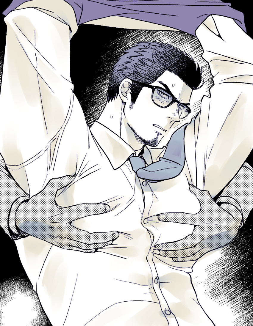 2boys arms_up bara blush disembodied_limb facial_hair glasses goatee grabbing grabbing_from_behind hair_slicked_back highres jacket jacket_partially_removed kamatantantan kiryu_kazuma looking_at_viewer male_focus mature_male monochrome multiple_boys muscular muscular_male necktie parted_lips partially_undressed pectoral_grab pectorals ryuu_ga_gotoku_(series) shirt short_hair sideburns solo_focus spot_color sweatdrop upper_body yaoi