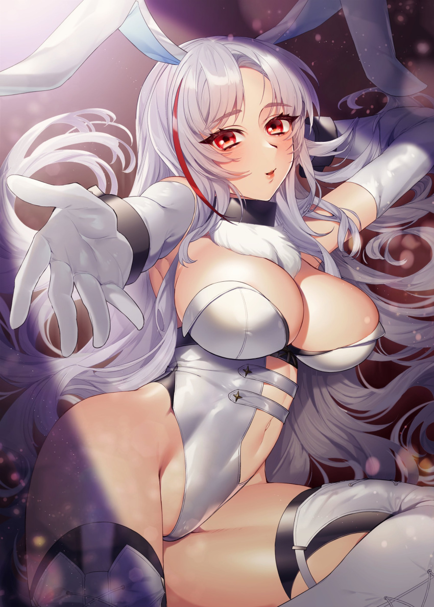 1girl absurdres alternate_costume animal_ears azur_lane blush boots breasts commission elbow_gloves fake_animal_ears fur_collar gloves highres large_breasts leotard lips long_hair looking_at_viewer lying maitei_roppa multicolored_hair navel on_side parted_bangs parted_lips playboy_bunny rabbit_ears reaching reaching_towards_viewer red_eyes red_hair skeb_commission solo streaked_hair tallinn_(azur_lane) white_footwear white_gloves white_hair white_leotard