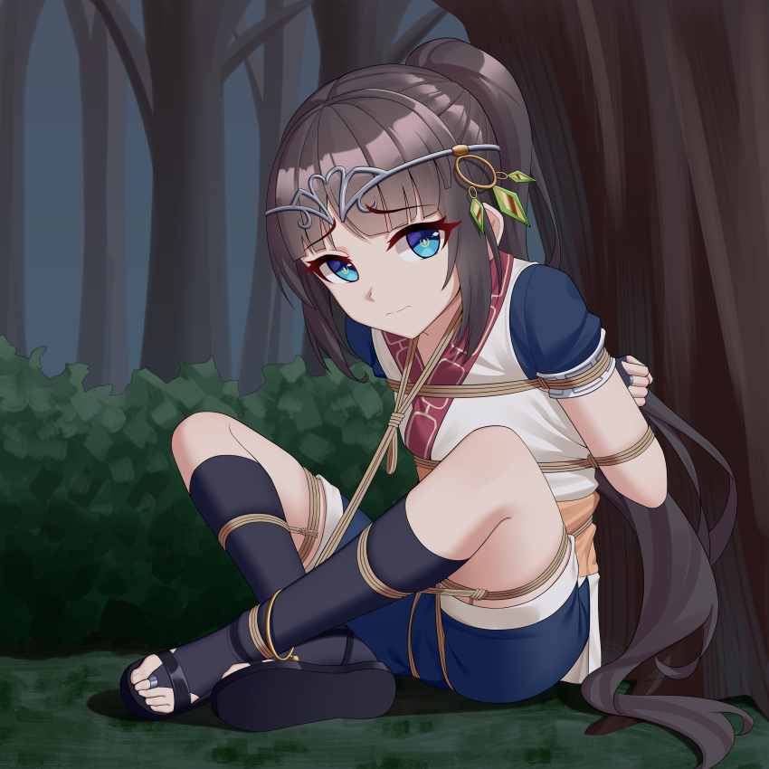 1boy absurdres arms_behind_back bdsm blue_eyes blush bondage bound bound_arms bound_legs fingerless_gloves gloves highres looking_at_viewer original ponytail restrained rope shibari shorts sitting socks solo tiara toeless_legwear wo_cao_xiao