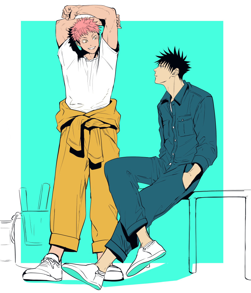 2boys absurdres aqua_background arms_up black_hair blue_eyes blue_pants blue_shirt clothes_around_waist couple eye_contact full_body fushiguro_megumi hand_in_pocket highres jujutsu_kaisen looking_at_another male_focus marukome0816 multiple_boys open_mouth outline pants pink_hair ryoumen_sukuna_(jujutsu_kaisen) shirt shoes short_hair simple_background sitting smile spiked_hair stretching white_footwear white_shirt yaoi yellow_eyes yellow_pants