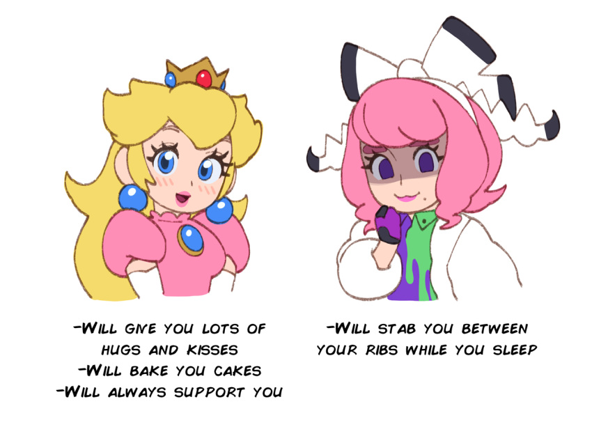 blonde_hair blue_eyes breasts chibi crown dress drill_hair earrings elbow_gloves gloves jewelry klara_(pokemon) long_hair looking_at_viewer mario_(series) mole mole_under_mouth open_mouth pink_dress pink_hair pokemon pokemon_swsh princess_peach riz short_hair smile sphere_earrings twin_drills