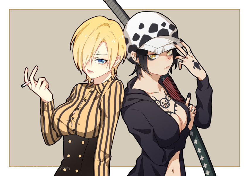 2girls black_coat black_hair black_nails blonde_hair blue_eyes breast_tattoo breasts buttons cigarette coat curly_eyebrows earrings english_commentary fur_hat genderswap genderswap_(mtf) hair_over_one_eye hand_tattoo hat highres holding holding_cigarette holding_sheath holding_sword holding_weapon jewelry koshikun large_breasts lips long_sleeves looking_at_viewer multiple_girls navel no_bra one_piece parted_lips sanji_(one_piece) sheath sheathed shirt short_hair sword tattoo trafalgar_law weapon yellow_eyes