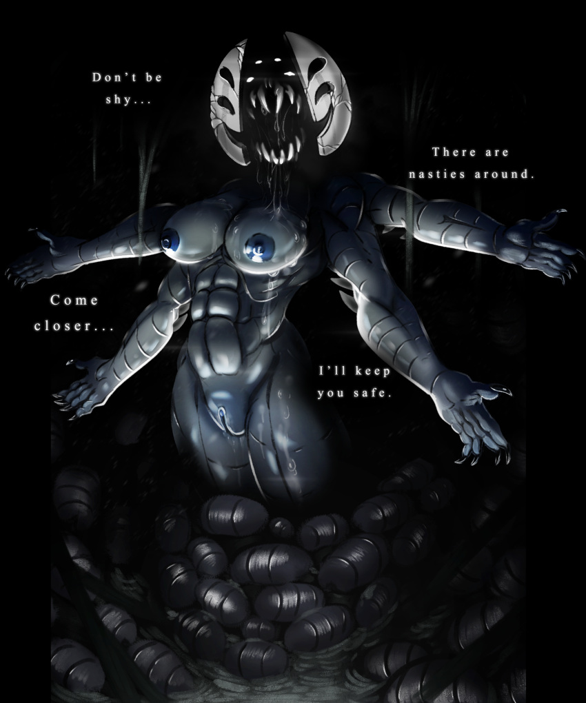 abs absurd_res animal_humanoid arachnid arachnid_humanoid arthropod arthropod_humanoid athletic big_breasts bodily_fluids breasts breath clawed_fingers claws cracked crow-thing dialogue drooling embrace erect_nipples female genital_fluids genitals glistening glistening_body glowing glowing_eyes hi_res hollow_knight hot_breath huge_breasts huge_thighs humanoid looking_at_viewer mask messy midwife midwife_(hollow_knight) monster muscular muscular_female nipples obscured_face open_mouth pussy pussy_juice saliva sharp_teeth solo team_cherry teeth text thick_thighs