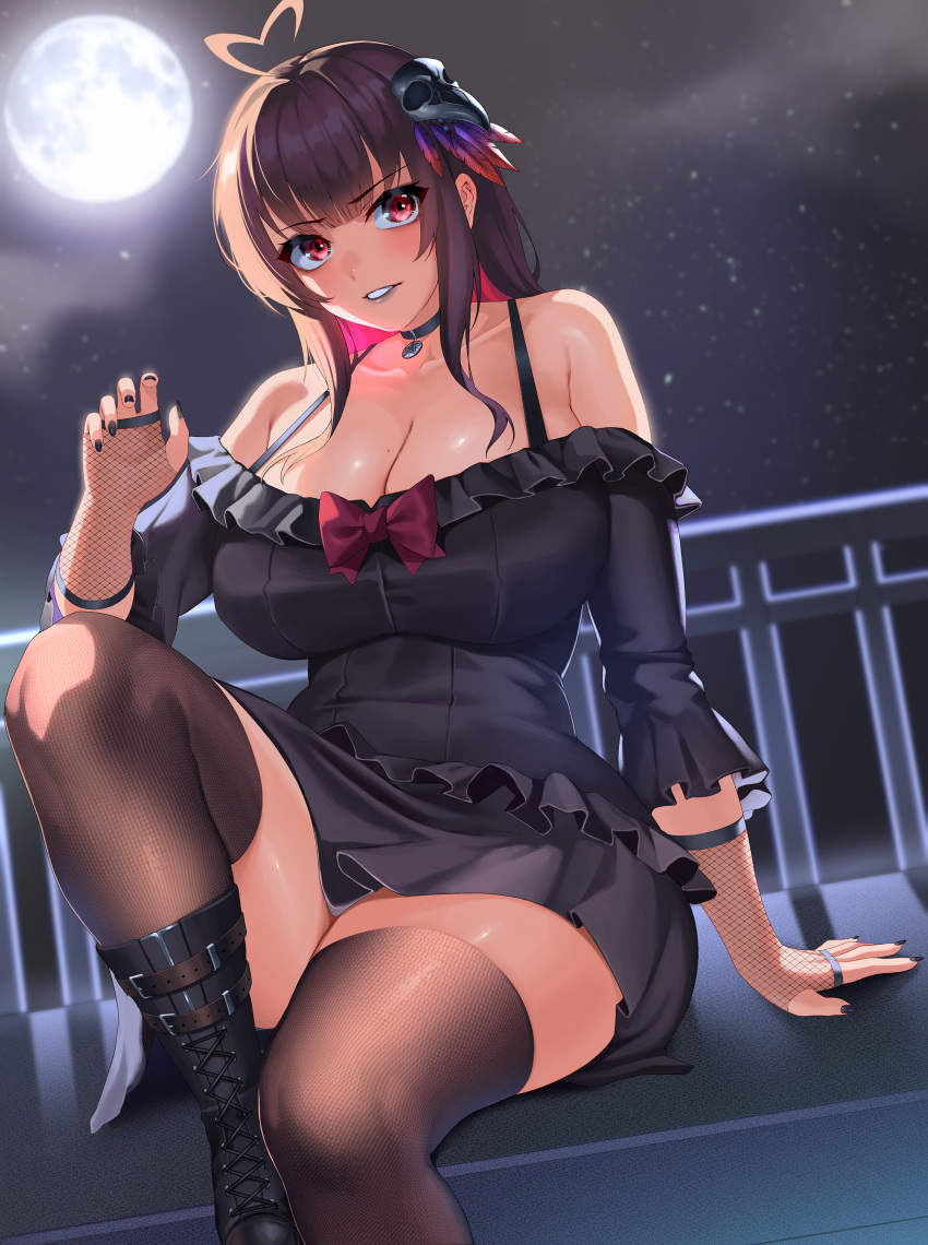 1girl absurdres ahoge bare_shoulders black_dress blush boots breasts brown_eyes brown_hair brown_thighhighs choker cleavage collarbone commission dress fishnet_gloves fishnets foot_out_of_frame full_moon gloves grin hair_ornament heart heart_ahoge highres kisaragi_tsurugi knee_up large_breasts legs long_hair long_sleeves looking_at_viewer moon night night_sky original pixiv_commission sidelocks sitting sky smile solo thighhighs thighs