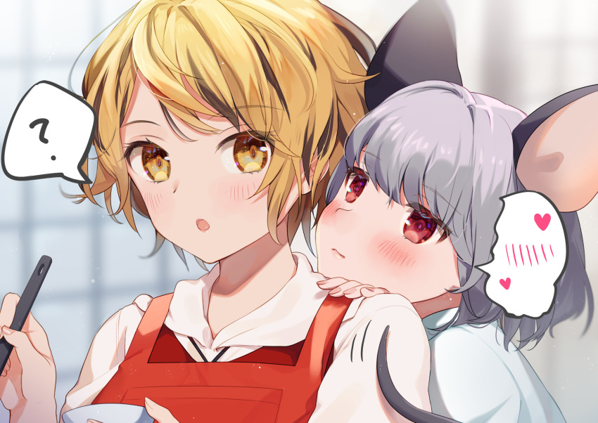 2girls ? animal_ears apron ari_don blonde_hair cooking grey_hair hands_on_shoulders highres jacket ladle mouse_ears mouse_girl multiple_girls nazrin red_apron red_eyes red_jacket shirt speech_bubble spoken_question_mark toramaru_shou touhou white_shirt yellow_eyes