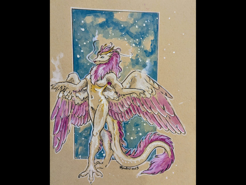 2023 anthro barbel_(anatomy) breasts claws dragon eastern_dragon feathered_wings feathers featureless_breasts featureless_crotch female fur furred_dragon hair heather_bruton hi_res horn nude pink_body pink_feathers pink_fur pink_hair solo standing white_body white_feathers white_fur wings