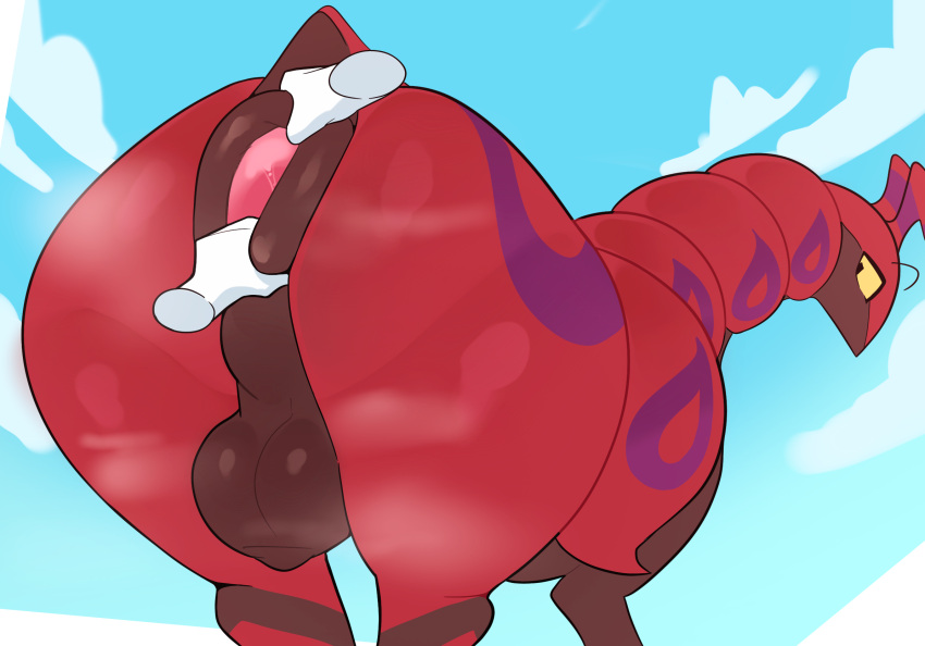 ambiguous_gender anus averysweatyboy balls big_butt butt disembodied_hand feral fingers generation_5_pokemon genitals hi_res huge_butt looking_back male male/ambiguous nintendo pokemon pokemon_(species) red_body scolipede spread_anus spreading thick_thighs