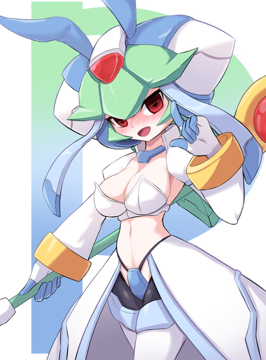 1girl absurdres animal_ears blush breasts cleavage crotch_plate green_hair helmet highleg highleg_panties highres holding holding_staff looking_at_viewer medium_breasts mega_man_(series) mega_man_zx pandora_(mega_man) panties rabbit_ears red_eyes revealing_clothes solo staff tagme underwear zerokun135